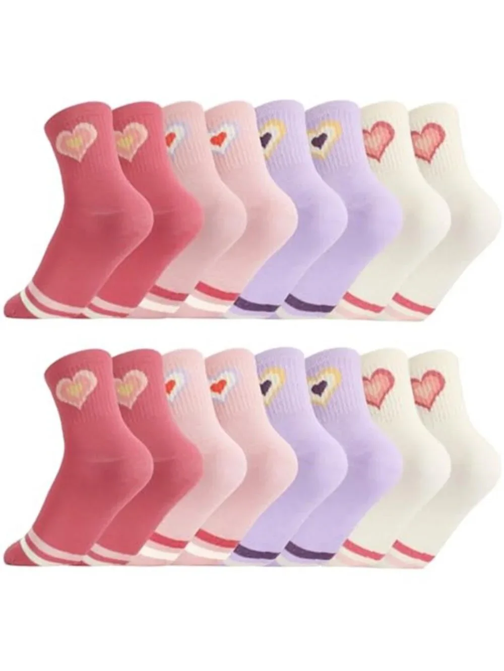 8 Packs Kids Girls Crew Athletic Socks with Retro Stripes Hearts
